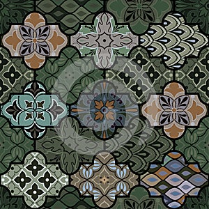 Colorful floral seamless ornate pattern in green color