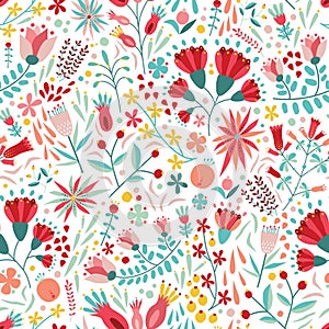 Colorful floral seamless pattern with berries, leaves and flowers on white background. Decorative botanical backdrop