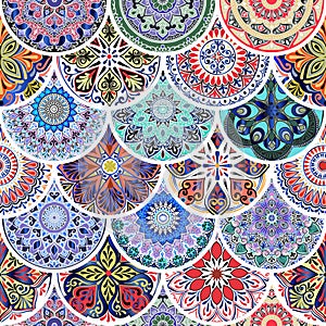 Colorful floral seamless pattern from circles with mandala in patchwork boho chic style