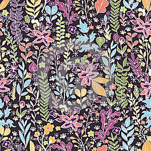 Colorful floral seamless pattern, doodle cartoon bright neon flowers, natural background, hand drawing. Multi-colored plant