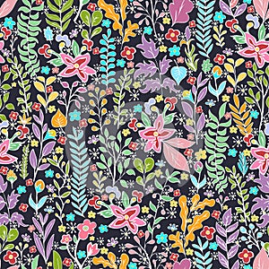 Colorful floral seamless pattern, doodle cartoon bright neon flowers, natural background, hand drawing. Multi-colored plant