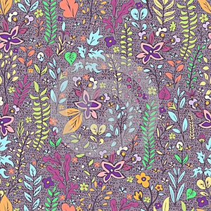 Colorful floral seamless pattern, doodle cartoon drawn flowers, exotic natural background, hand drawing. Multi-colored plant