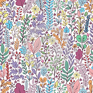 Colorful floral seamless pattern, doodle cartoon drawn flowers, exotic natural background, hand drawing. Multi-colored plant