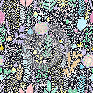 Colorful floral seamless pattern, doodle cartoon drawn flowers, exotic natural background, hand drawing. Multi-colored plant