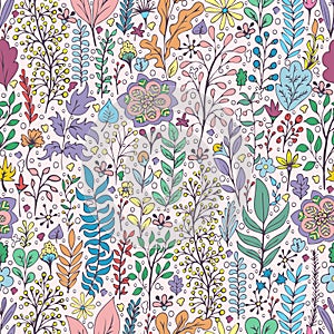 Colorful floral seamless pattern, doodle cartoon drawn flowers, exotic natural background, hand drawing. Multi-colored plant