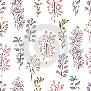 Colorful floral seamless pattern, doodle cartoon drawn flowers, exotic natural background, hand drawing. Multi-colored plant