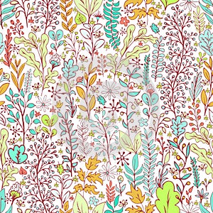 Colorful floral seamless pattern, doodle cartoon drawn flowers, exotic natural background, hand drawing. Multi-colored plant