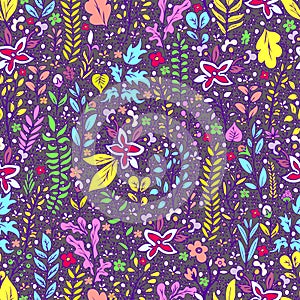 Colorful floral seamless pattern, doodle cartoon flowers, exotic natural background, hand drawing. Multi-colored bright plant