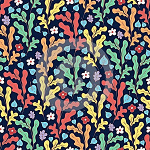 Colorful floral seamless pattern, doodle cartoon flowers and tree leaves, natural background, hand drawing. Multi-colored plant