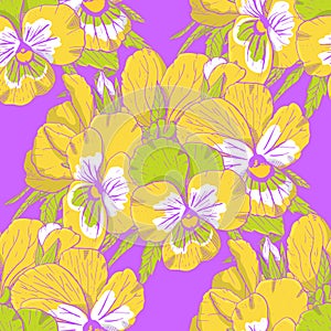Colorful floral seamless pattern with hand drawn pansy flowers on violet background. Stock vector