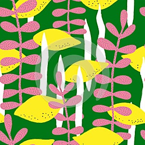 Colorful floral seamless pattern. Ripe and juicy lemon. Hand Drawn vector illustration