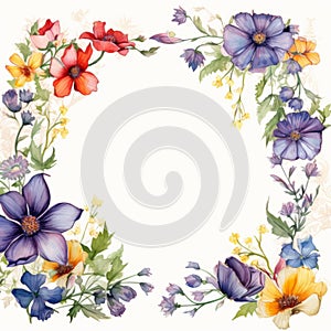 Colorful Floral Wreath Border: Hand-drawn Invitation Frame With Ink Meadow Flowers