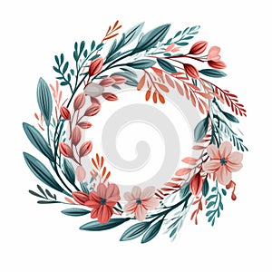 Colorful Floral Wreath In Light Teal And Light Red