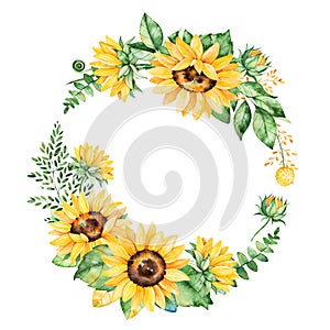 Colorful floral wreath with sunflowers,leaves,foliage,branches,fern leaves and place for your text.