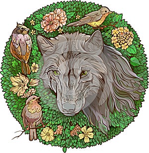 Colorful floristic image . wolf and birds