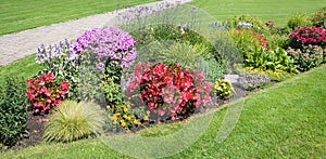 Colorful flower bed in the park with summer flowers, walkway and green lawn