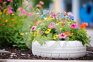 colorful flower bed in white painted tire rims