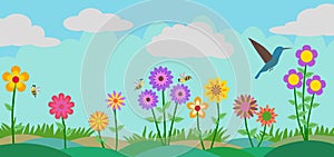 Colorful Flower, Bees and Bird at Garden Vector Illustration Background photo