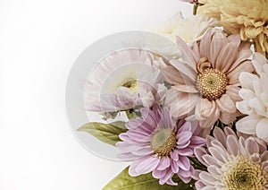 Colorful flower bouquet arrangement in vase on white ba