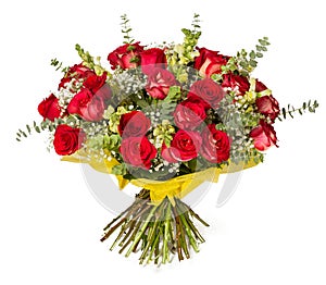 Colorful flower bouquet from red roses on white background