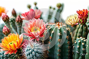 Colorful Flower cactus plants and cactus pots set on white background