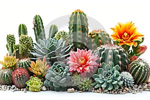 Colorful Flower cactus plants and cactus pots set on white background