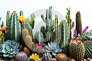 Colorful Flower cactus plants and cactus pots set on white background