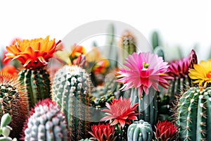 Colorful Flower cactus plants and cactus pots set on white background