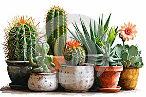 Colorful Flower cactus plants and cactus pots set on white background