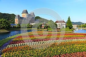 Colorful flower garden near river