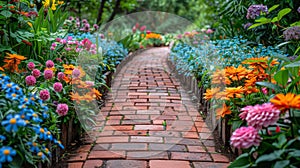Colorful Flower-Lined Brick Pathway