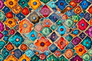Colorful flower pattern on the wall of Thai temple, Thailand
