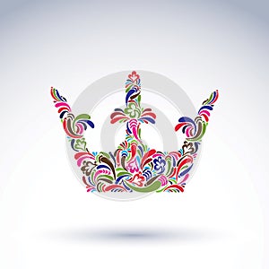 Colorful flower-patterned crown, coronation design element. Classic royal accessory decorated with abstract flowervector pattern.