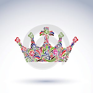 Colorful flower-patterned crown, coronation design element. Classic royal accessory decorated with abstract flowervector pattern.
