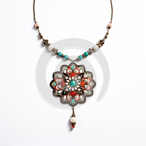Colorful Flower Pendant Necklace With Turquoise And Red Beads