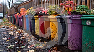 Colorful Flower Pots Along Roadside. Generative AI