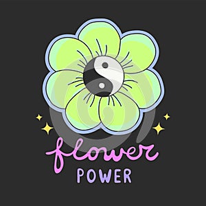Colorful Flower Power lettering with 60s hippie style ying-yang daisy flower