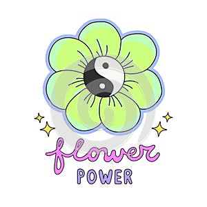 Colorful Flower Power lettering with 60s hippie style ying-yang daisy flower photo