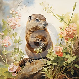Colorful Flower Surrounding Small Ground Squirrel Painting