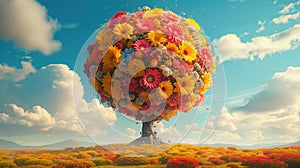 Colorful flower tree in the meadow. 3d illustration.