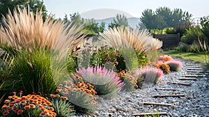 Colorful flowerbeds in the garden with different types of flowers and ornamental grasses. Anti-lawn movement concept