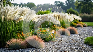 Colorful flowerbeds in the garden with different types of flowers and ornamental grasses. Anti-lawn movement concept