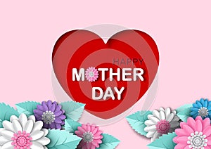 Colorful flowers on big heart and wording of mother`s day and on pink background. Greeting card of Mother`s day in vector design