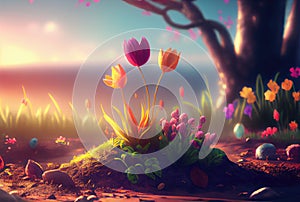 Colorful flowers are blooming from the ground with sky illustration fantasy background. First day of spring and Beauty in nature