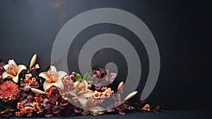 Colorful flowers bouquet on a dark background, banner with space for your own content. Flowering flowers, a symbol of spring, new