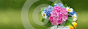 Colorful flowers bouquet in glass vase isolated on green.
