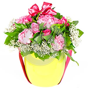 Colorful flowers bouquet with ribbon