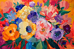 Colorful flowers bouquet in vase. Loose floral painting illustration. Maximalist botanical wall art. photo
