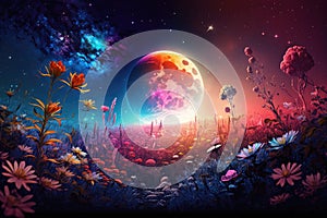 Colorful Flowers on a Fantasy Meadow With a Bright Moon on a Nebula Space Background - Generative AI