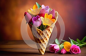 Colorful flowers fill a waffle cone on a wooden table